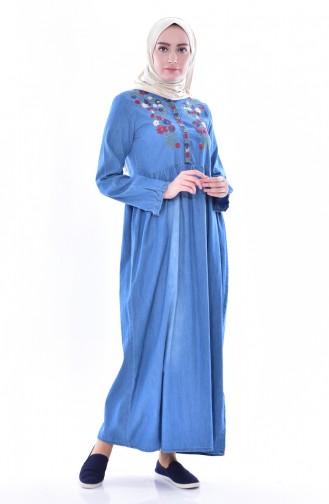 Nakışlı Kot Elbise 3630-01 Kot Mavi
