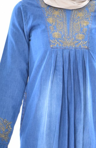Nakışlı Kot Elbise 3658-01 Kot Mavi