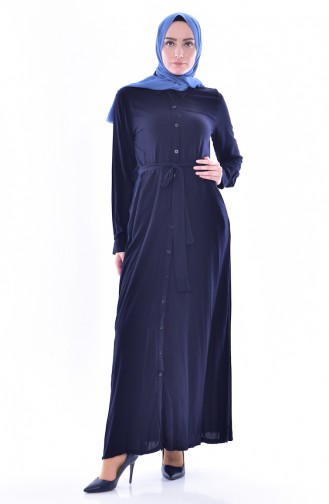 Düğmeli Kuşaklı Elbise 5002C-01 Lacivert