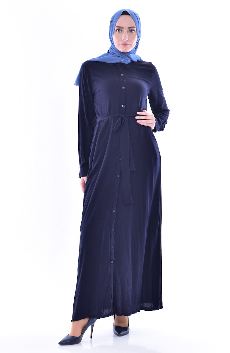 Düğmeli Kuşaklı Elbise 5002C-01 Lacivert