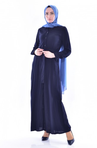 Düğmeli Kuşaklı Elbise 5002C-01 Lacivert