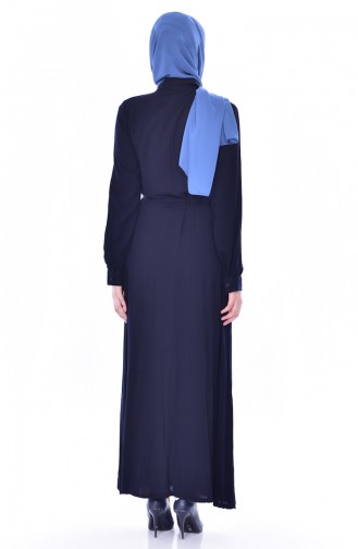 Düğmeli Kuşaklı Elbise 5002C-01 Lacivert
