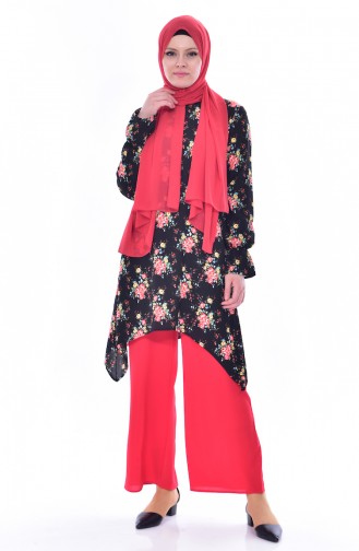 Patterned Tunic Pants Double Suit 3772-07 Black Red 3772-07