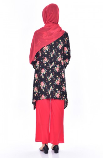 Patterned Tunic Pants Double Suit 3772-07 Black Red 3772-07