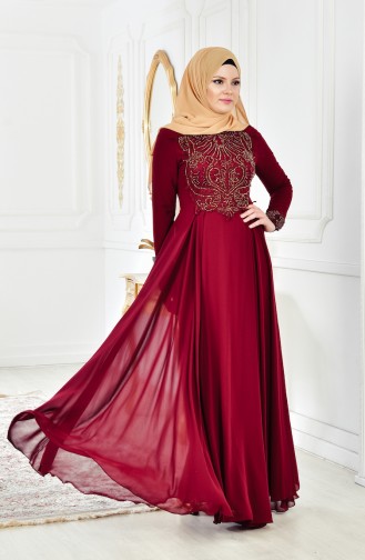 Claret Red Hijab Evening Dress 52698-03