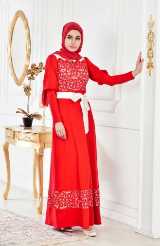 Red Hijab Evening Dress 2274-02