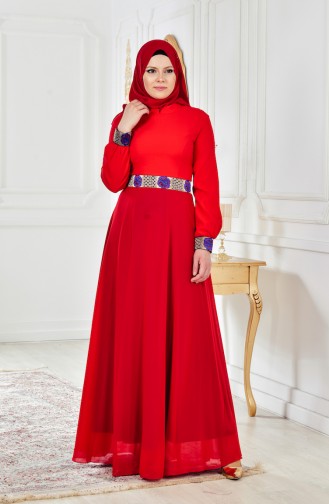 Şifon Abiye Elbise 2649-01 Kırmızı