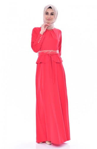 Broşlu Kuşaklı Elbise 2236-03 Kırmızı