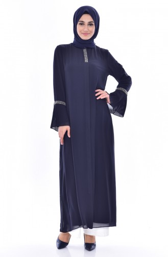 SUKRAN Pearl Zippered Abaya 35845-02 Navy Blue 35845-02