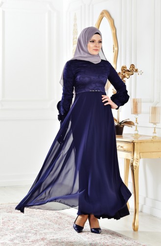 Navy Blue Hijab Evening Dress 2313-03
