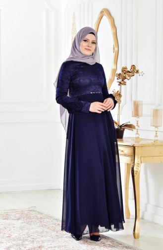 Navy Blue Hijab Evening Dress 2313-03