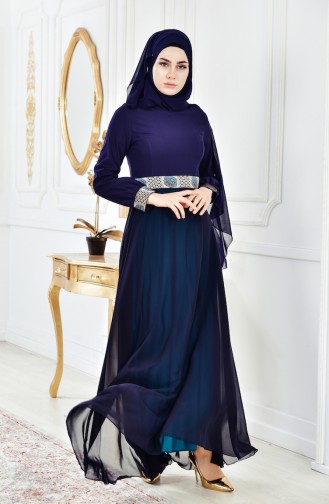 Navy Blue Hijab Evening Dress 2649-02