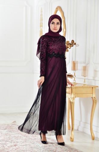 Pullu Abiye Elbise 81538-05 Mürdüm