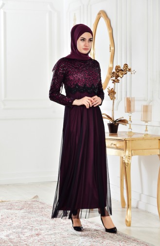 Pullu Abiye Elbise 81538-05 Mürdüm