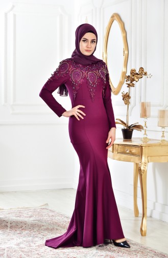 Dantelli İncili Abiye Elbise 4007-01 Mürdüm