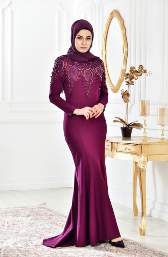 Dantelli İncili Abiye Elbise 4007-01 Mürdüm