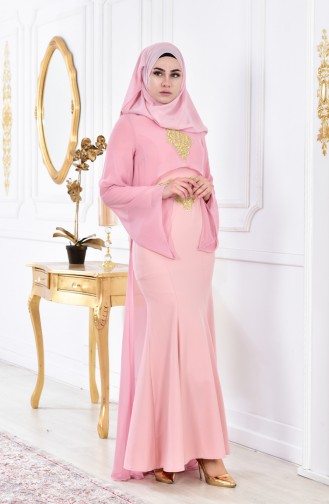 Powder Hijab Evening Dress 4006-07