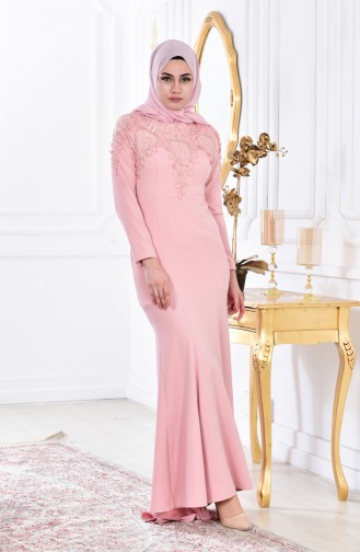 Powder Hijab Evening Dress 4007-05