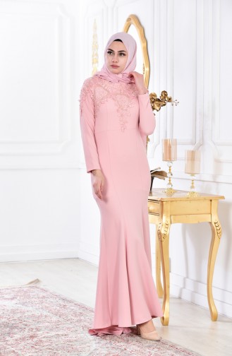 Powder Hijab Evening Dress 4007-05
