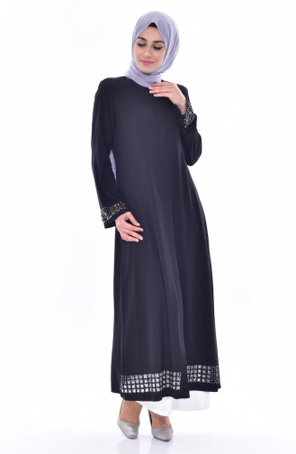 Abaya Perlées Coupe Laser 35839-03 Noir 35839-03