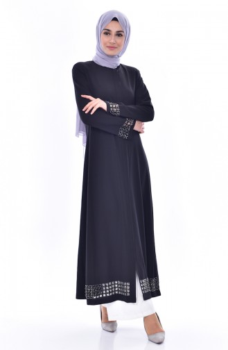 Abaya Perlées Coupe Laser 35839-03 Noir 35839-03