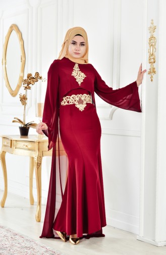 Claret Red Hijab Evening Dress 4006-02