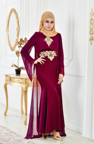 Plum Hijab Evening Dress 4006-01