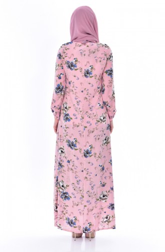 Taş Düğmeli Desenli Elbise 1910-02 Pudra