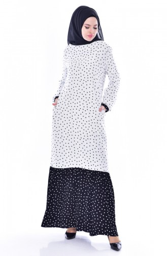 Puantiyeli Krep Elbise 1924-02 Beyaz Siyah