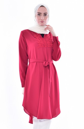 Güpürlü Kuşaklı Tunik 0937-01 Bordo