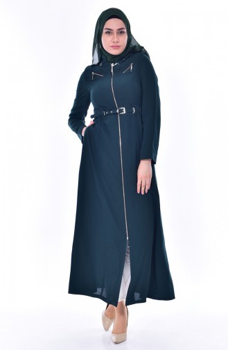 معطف طويل موصول بقبعة بتصميم سحاب 1030-01 لون أخضر داكن 1030-01