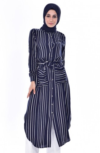 Striped Buttoned Tunic 1300-02 Navy Blue 1300-02