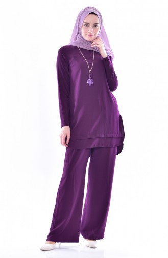 Kolyeli Tunik Pantolon İkili Takım 9108-04 Mor