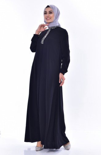 Yakası Taşlı Elbise 1883-04 Siyah