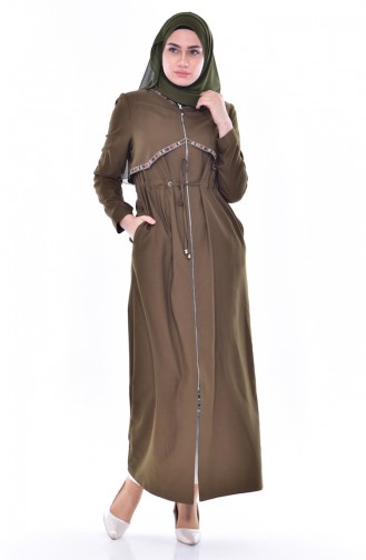 معطف طويل بتصميم سحاب وحزام رباط 0036-01 لون أخضر 0036-01