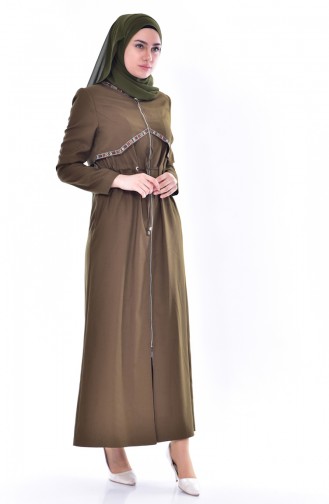 معطف طويل بتصميم سحاب وحزام رباط 0036-01 لون أخضر 0036-01
