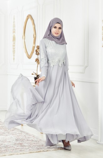 Gray Hijab Evening Dress 8143-03