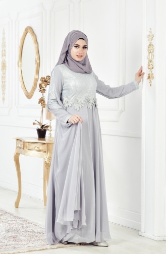 Gray Hijab Evening Dress 8143-03