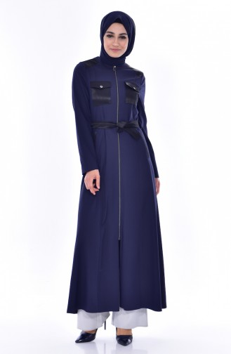 Zippered Belted Overcoat 1035-01 Navy Blue 1035-01