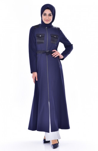 Zippered Belted Overcoat 1035-01 Navy Blue 1035-01