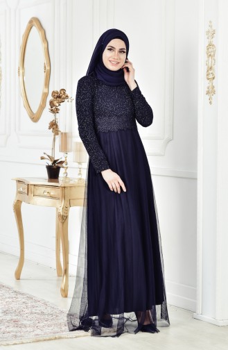 Navy Blue Hijab Evening Dress 3840-01