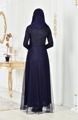 Navy Blue Hijab Evening Dress 3840-01