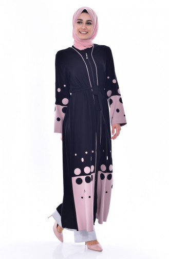 Gepunkts Abaya mit Reißverschluss 7808-01 Schwarz Puder 7808-01