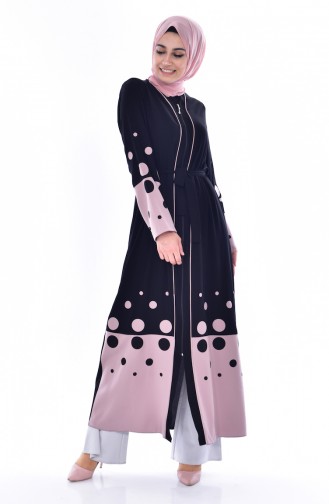 Abaya a Fermeture et Pointillée 7808-01 Noir Poudre 7808-01