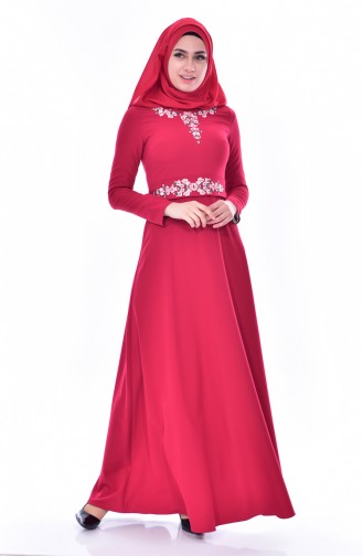 Embroidered Belted Dress 2770-02 Claret Red 2770-02