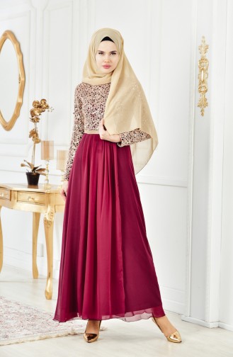 Taş Detaylı Şifon Elbise 3094-08 Açık Mürdüm