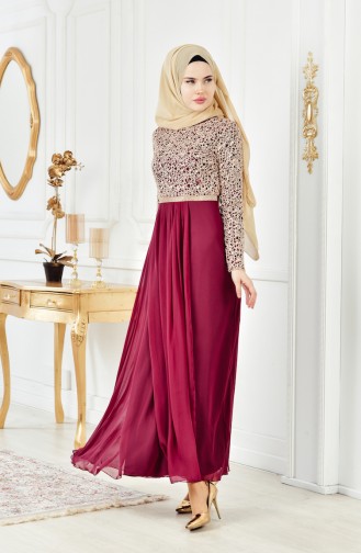 Taş Detaylı Şifon Elbise 3094-08 Açık Mürdüm