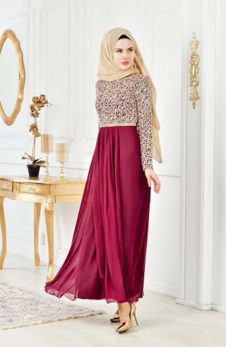 Stone Detailed Chiffon Dress 3094-08 Light Plum 3094-08