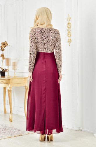 Taş Detaylı Şifon Elbise 3094-08 Açık Mürdüm
