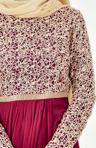 Taş Detaylı Şifon Elbise 3094-08 Açık Mürdüm